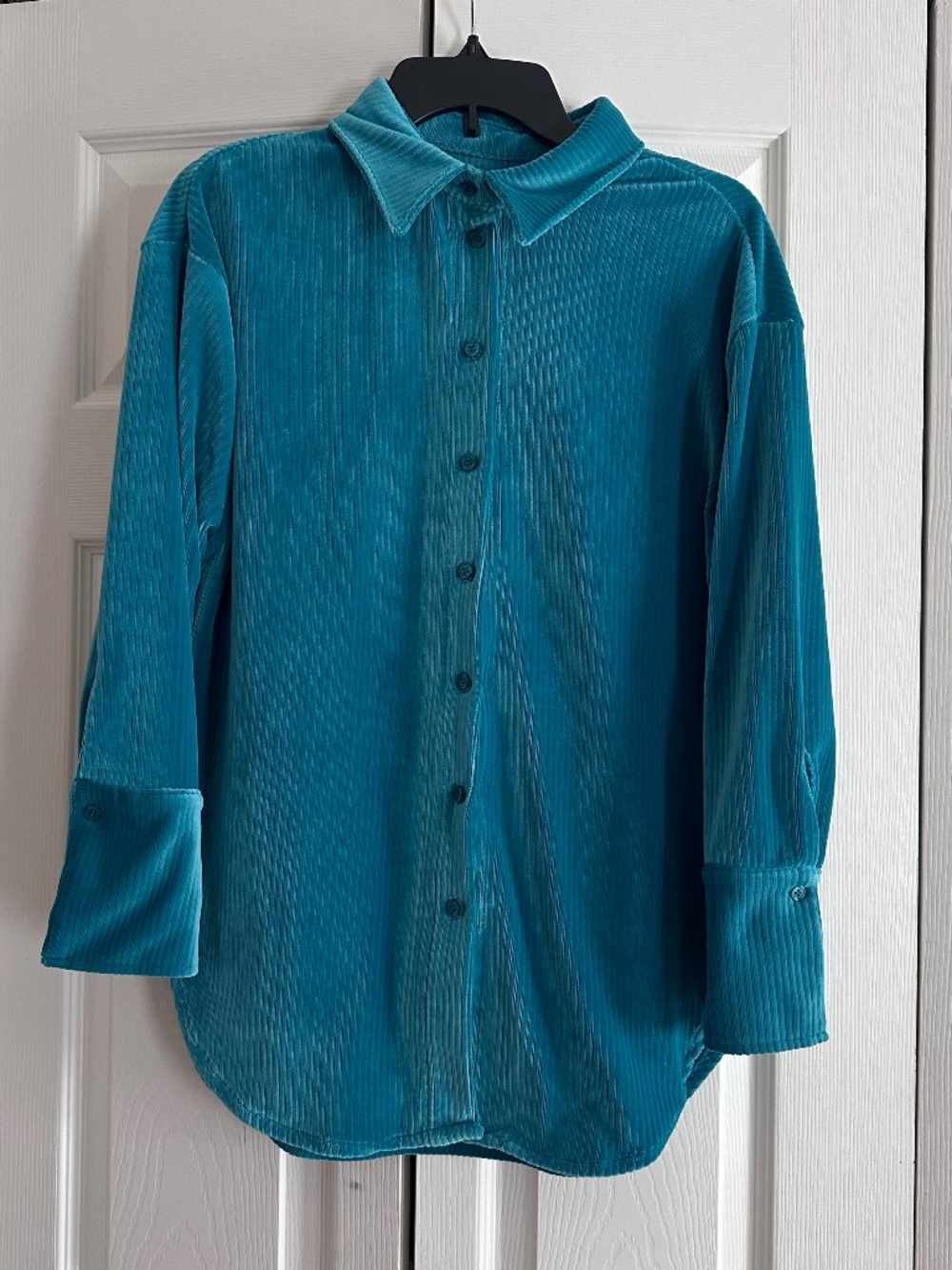 Hunter & Brown Women’s Oversized Corduroy Button Front Shirt Small Teal Green